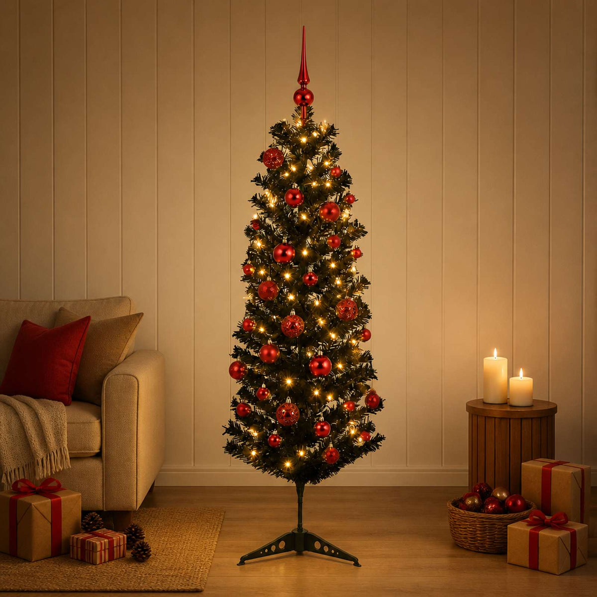 vidaXL Artificial Slim Christmas Tree with Bauble 150 LEDs 120 cm
