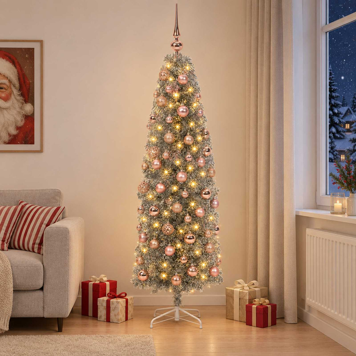 Artificial Slim Christmas Tree with Bauble 150 LEDs 180 cm with LEDs & pink balls