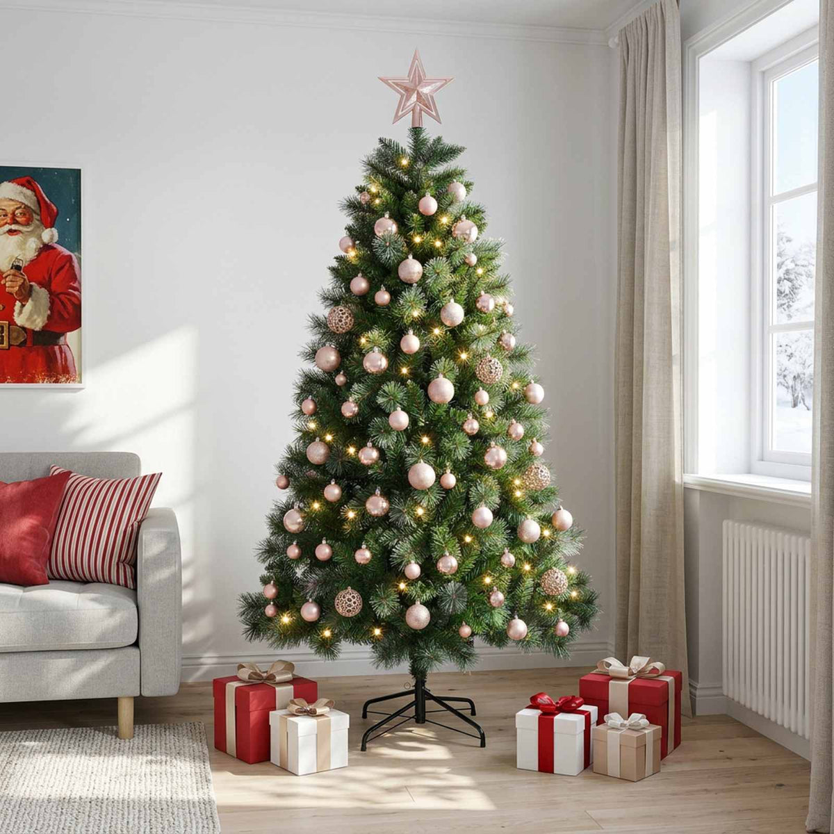 Artificial Christmas Tree with Bauble 300 LEDs 240 cm with LEDs & pink balls