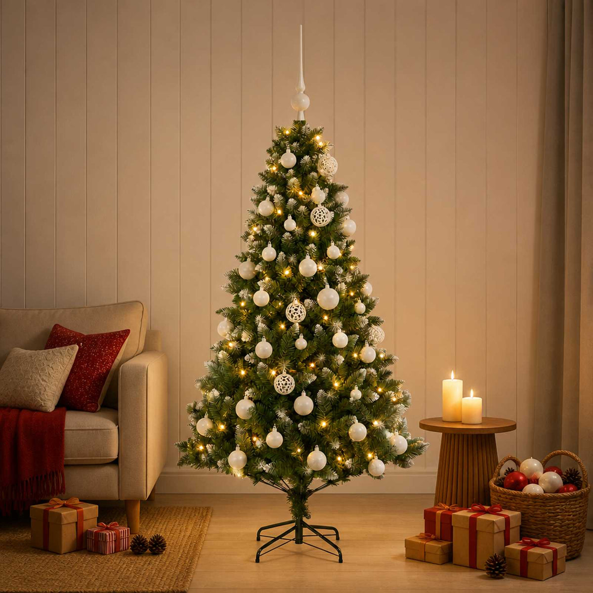 Artificial Christmas Tree with Bauble 150 LEDs 120 cm with LEDs & white balls