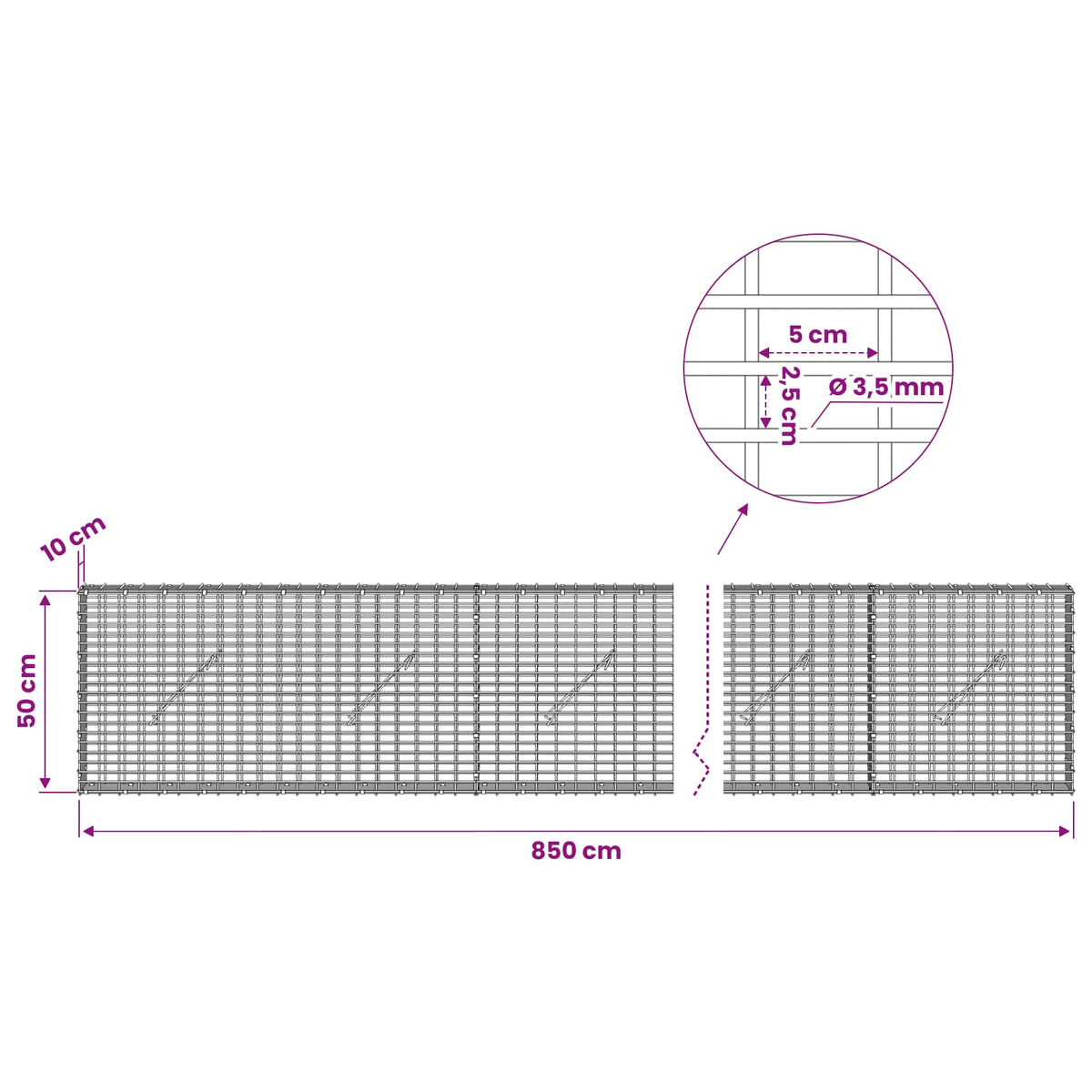 vidaXL Gabion with 3.5 mm Wire and 5x2.5 cm Mesh 850x10x50 cm 6