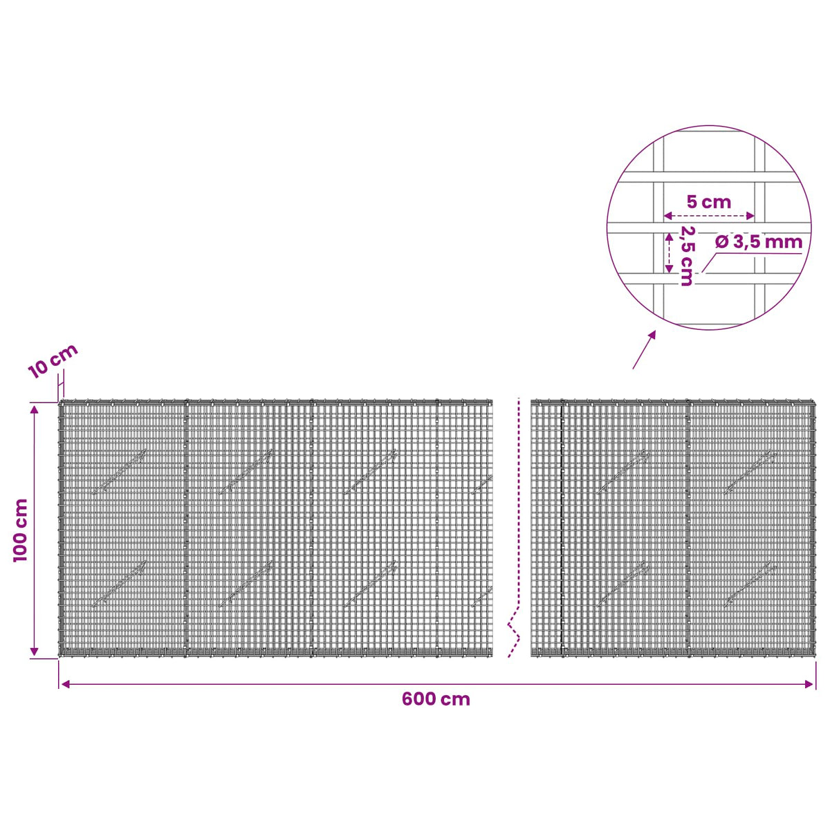 vidaXL Gabion with 3.5 mm Wire and 5x2.5 cm Mesh 600x10x100 cm 6