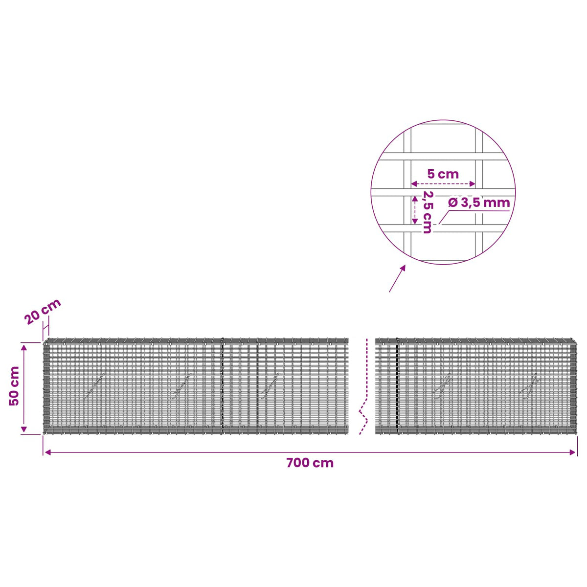 vidaXL Gabion with 3.5 mm Wire and 5x2.5 cm Mesh 700x20x50 cm 6