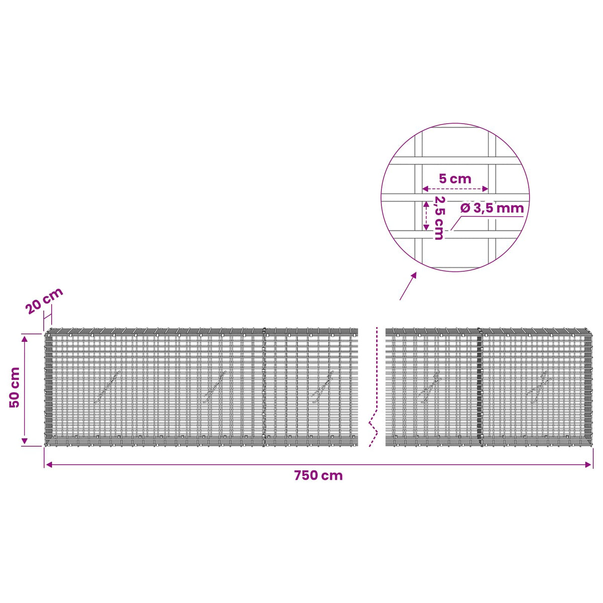 vidaXL Gabion with 3.5 mm Wire and 5x2.5 cm Mesh 750x20x50 cm 6