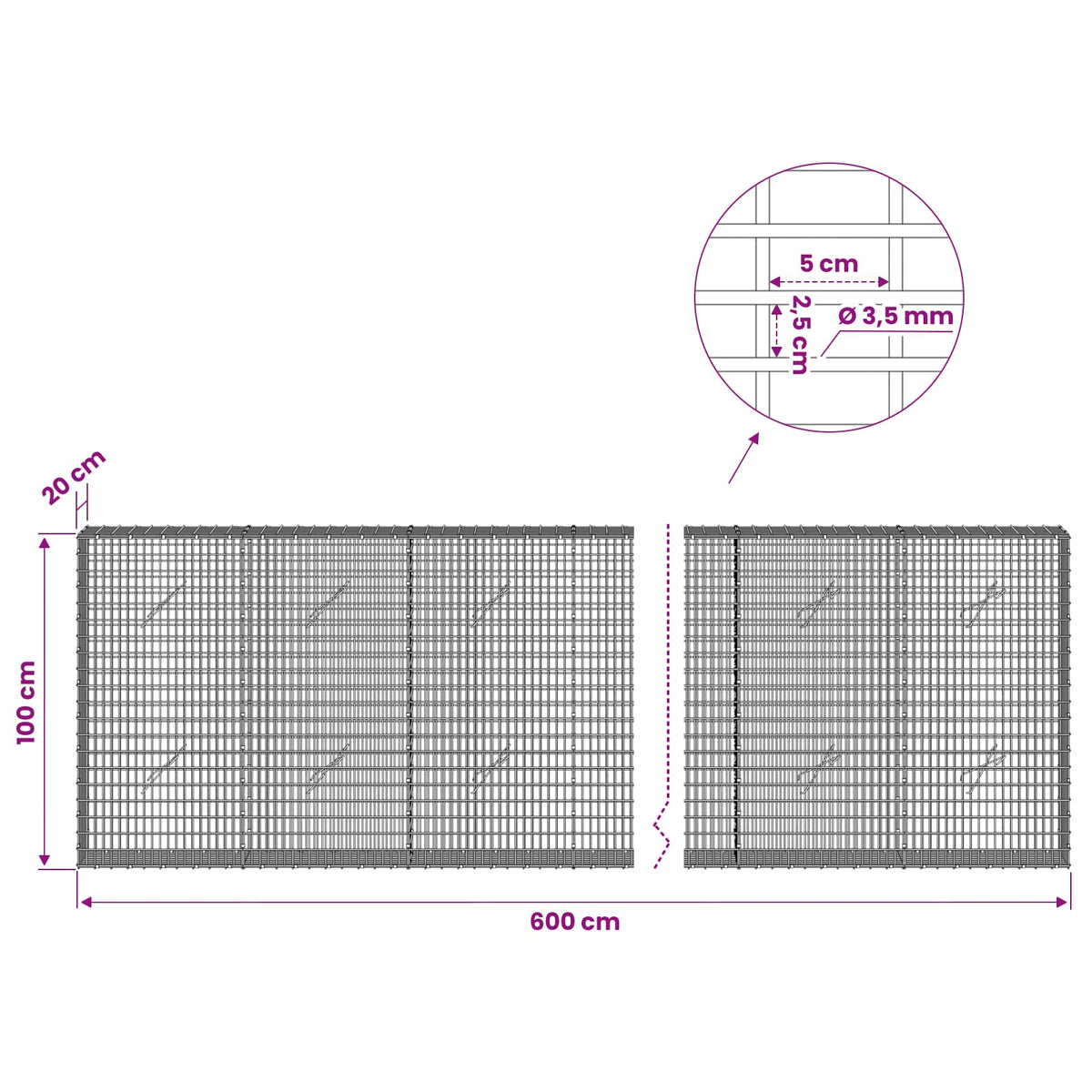 vidaXL Gabion with 3.5 mm Wire and 5x2.5 cm Mesh 600x20x100 cm 6