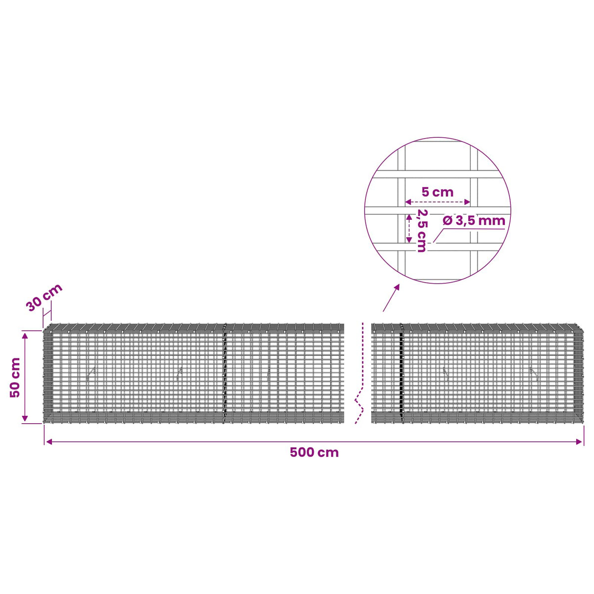 vidaXL Gabion with 3.5 mm Wire and 5x2.5 cm Mesh 500x30x50 cm 6