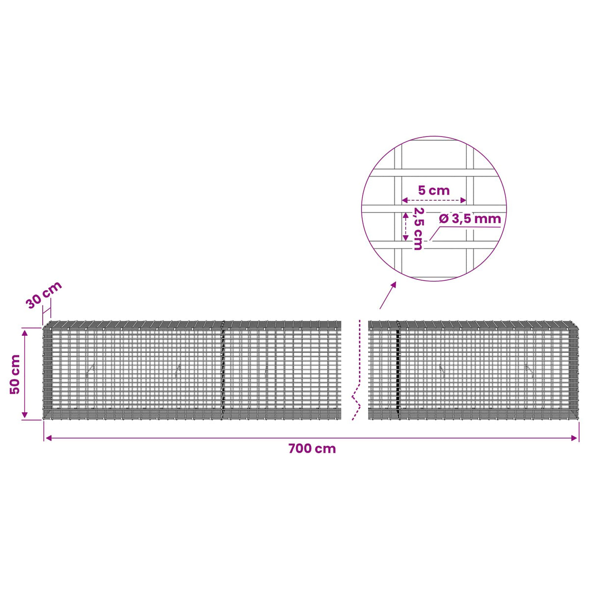 vidaXL Gabion with 3.5 mm Wire and 5x2.5 cm Mesh 700x30x50 cm 6