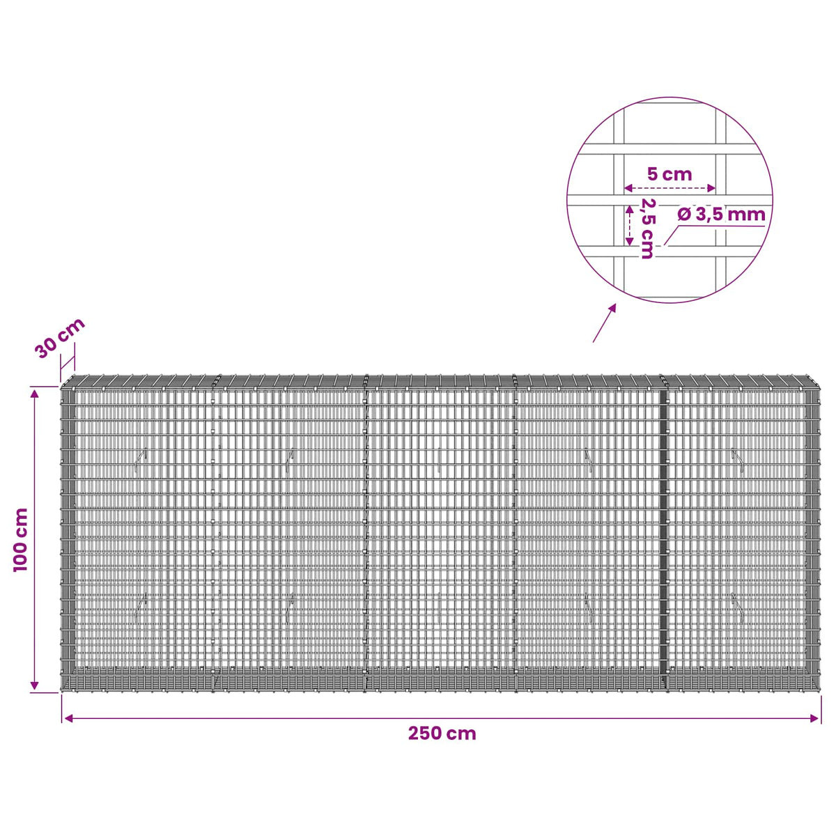 vidaXL Gabion with 3.5 mm Wire and 5x2.5 cm Mesh 250x30x100 cm 6