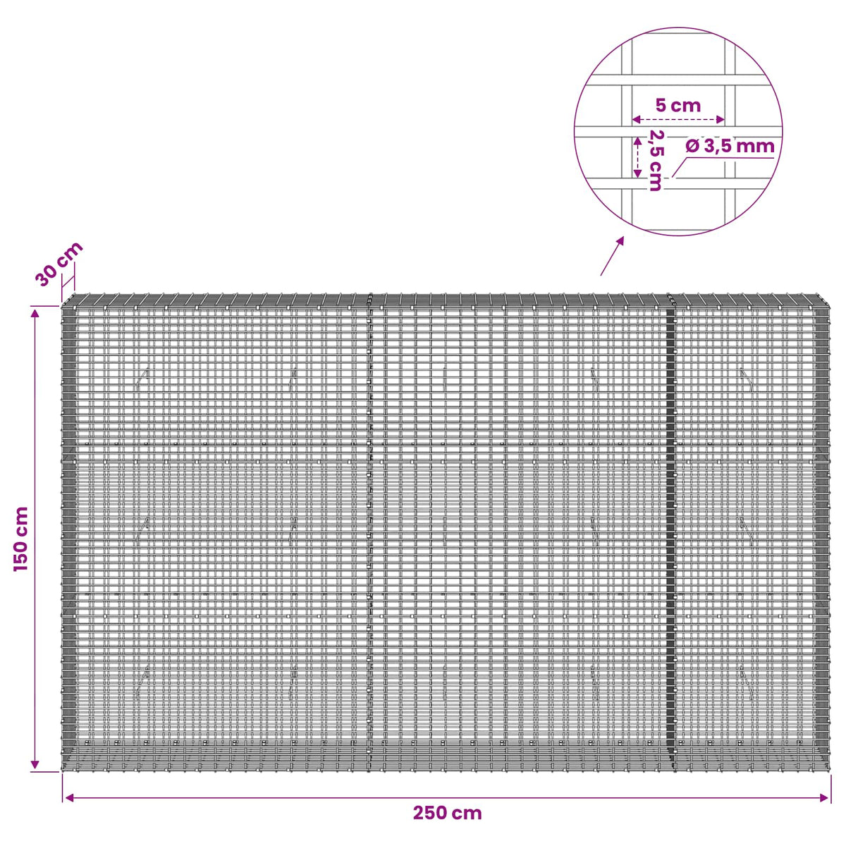 vidaXL Gabion with 3.5 mm Wire and 5x2.5 cm Mesh 250x30x150 cm 6