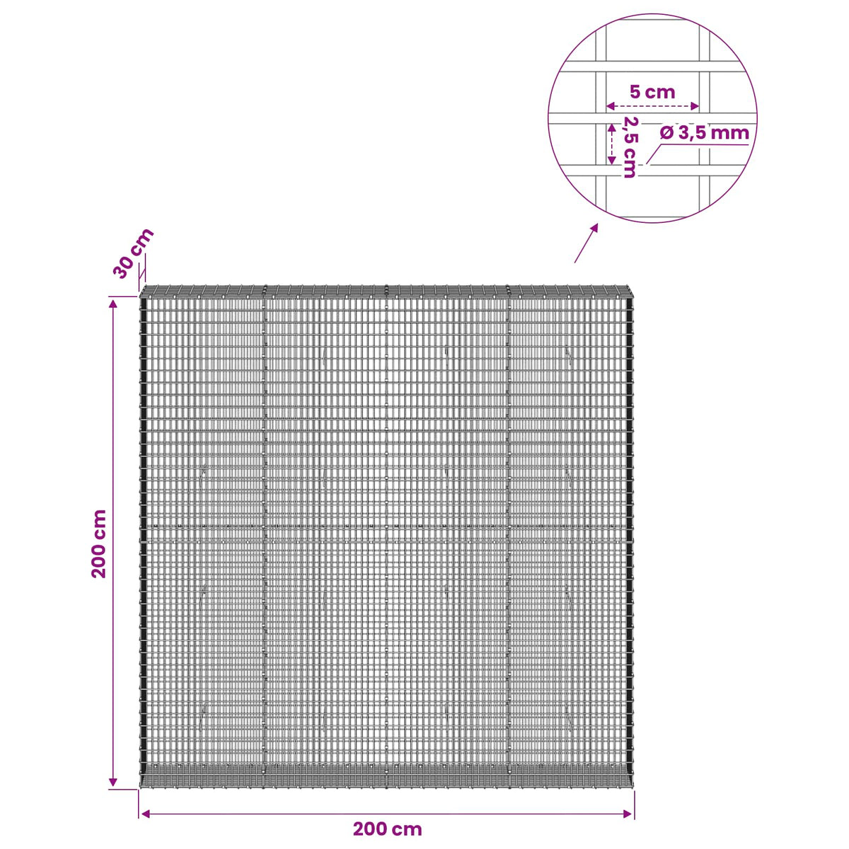 vidaXL Gabion with 3.5 mm Wire and 5x2.5 cm Mesh 200x30x200 cm 6