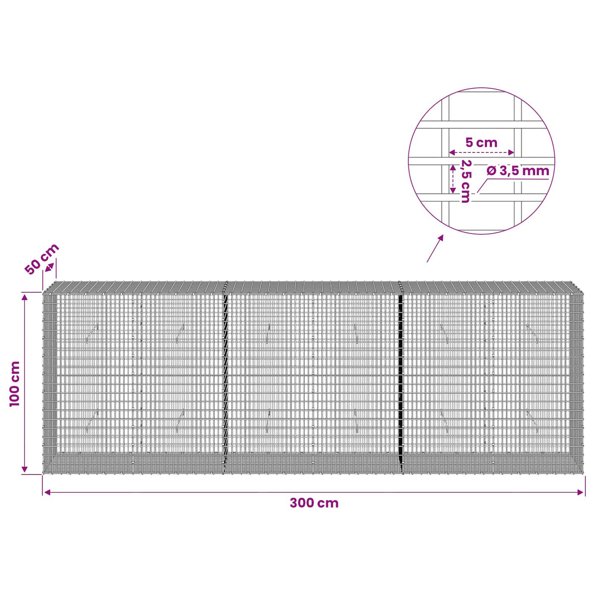 vidaXL Gabion with 3.5 mm Wire and 5x2.5 cm Mesh 300x50x100 cm 6