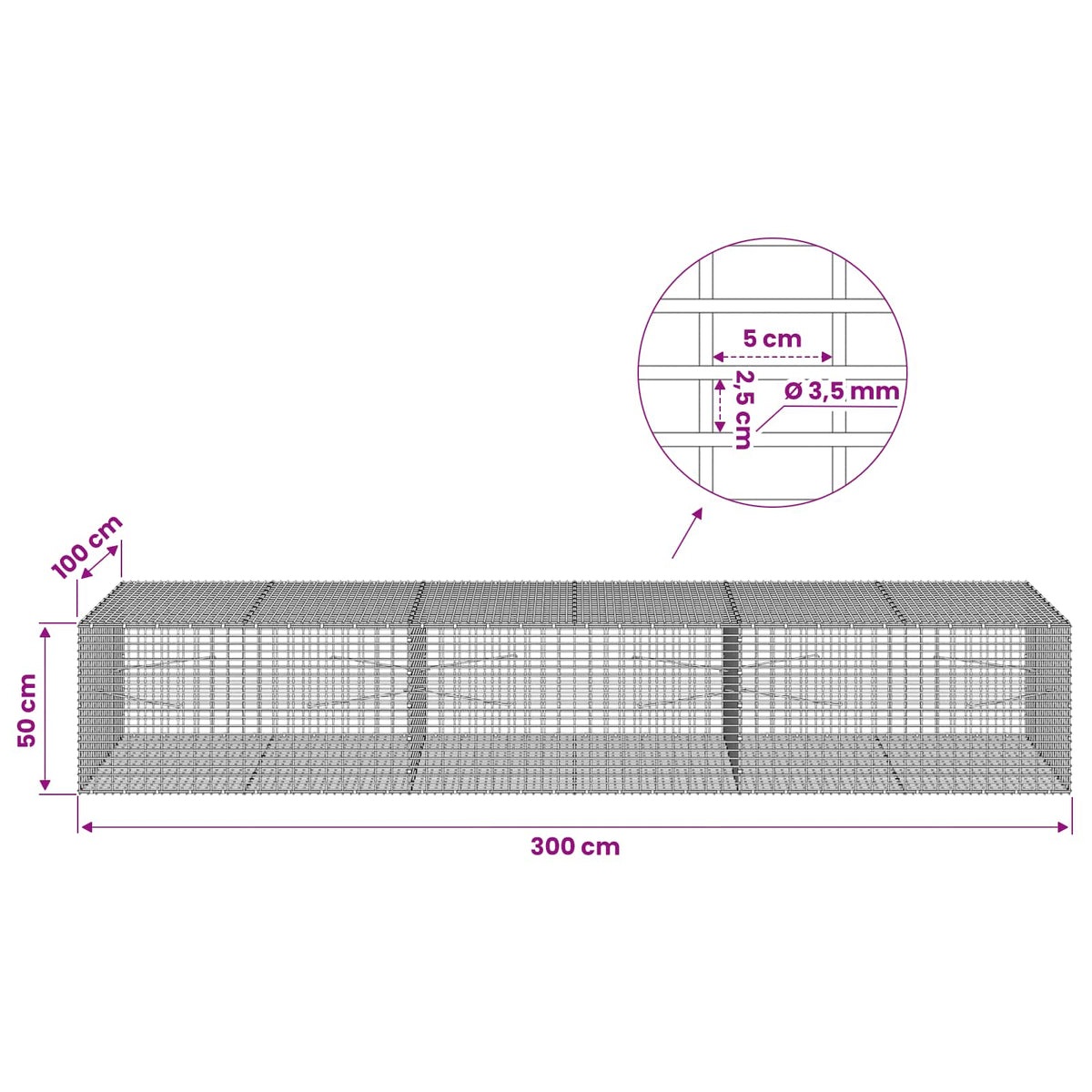 vidaXL Gabion with 3.5 mm Wire and 5x2.5 cm Mesh 300x100x50 cm 6