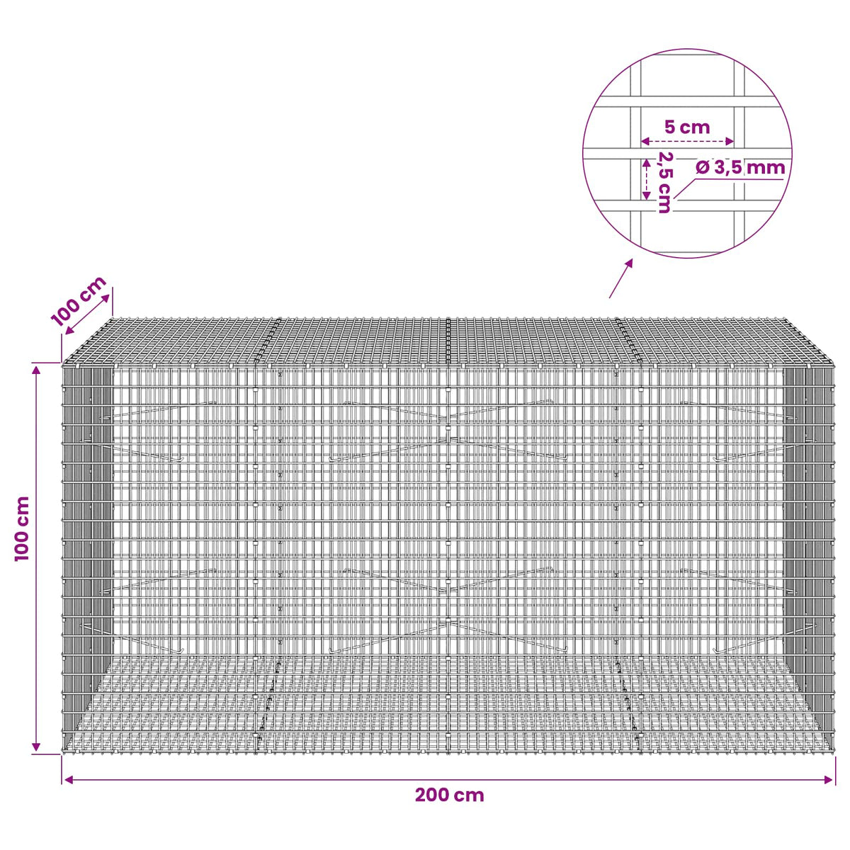 vidaXL Gabion with 3.5 mm Wire and 5x2.5 cm Mesh 200x100x100 cm 6
