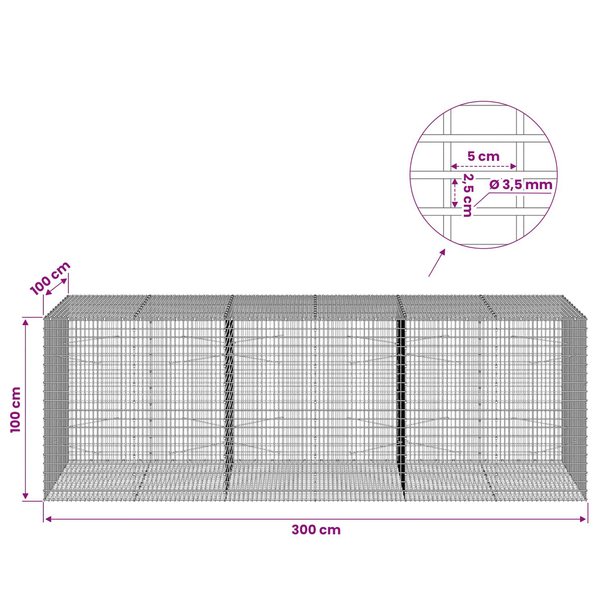 vidaXL Gabion with 3.5 mm Wire and 5x2.5 cm Mesh 300x100x100 cm 6