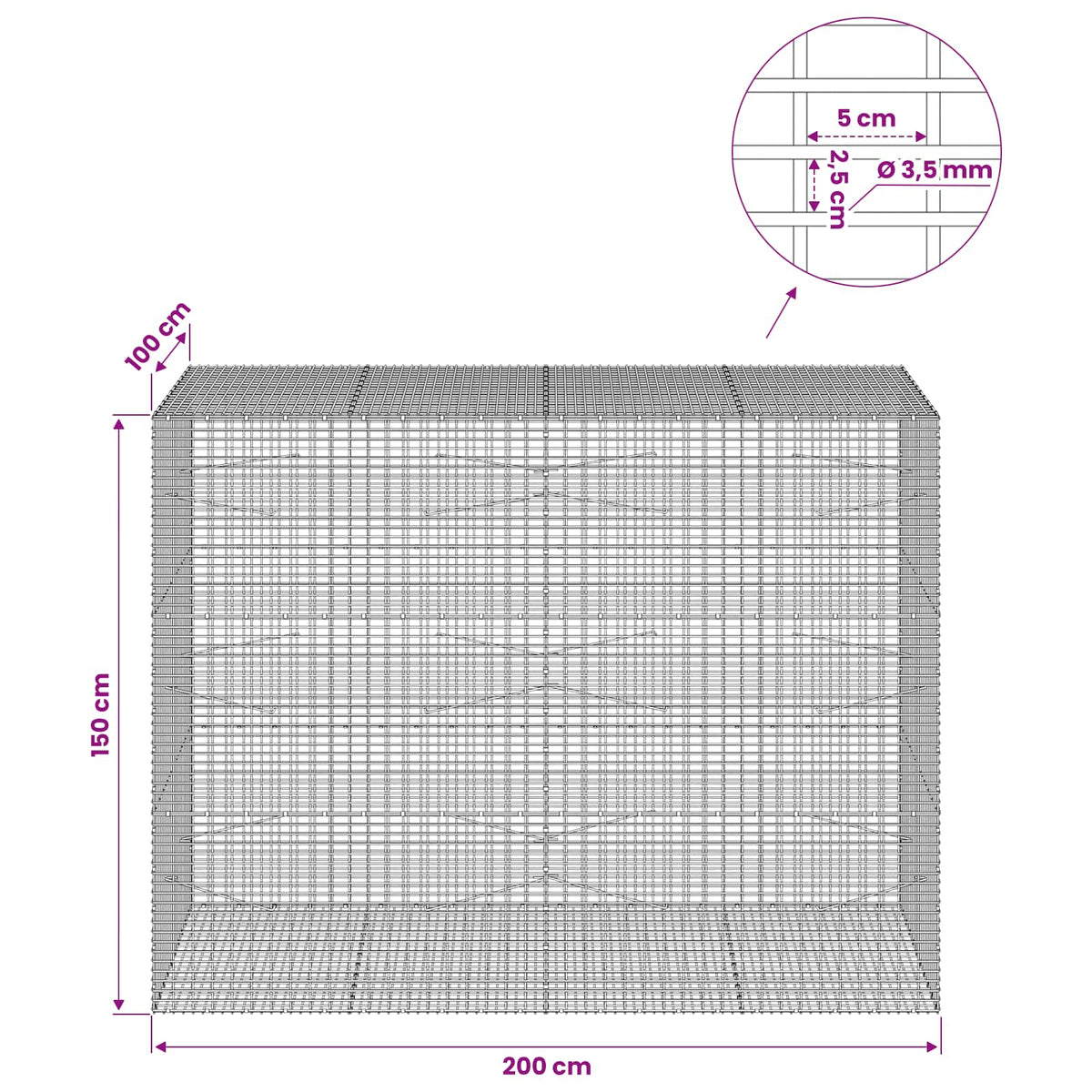 vidaXL Gabion with 3.5 mm Wire and 5x2.5 cm Mesh 200x100x150 cm 6