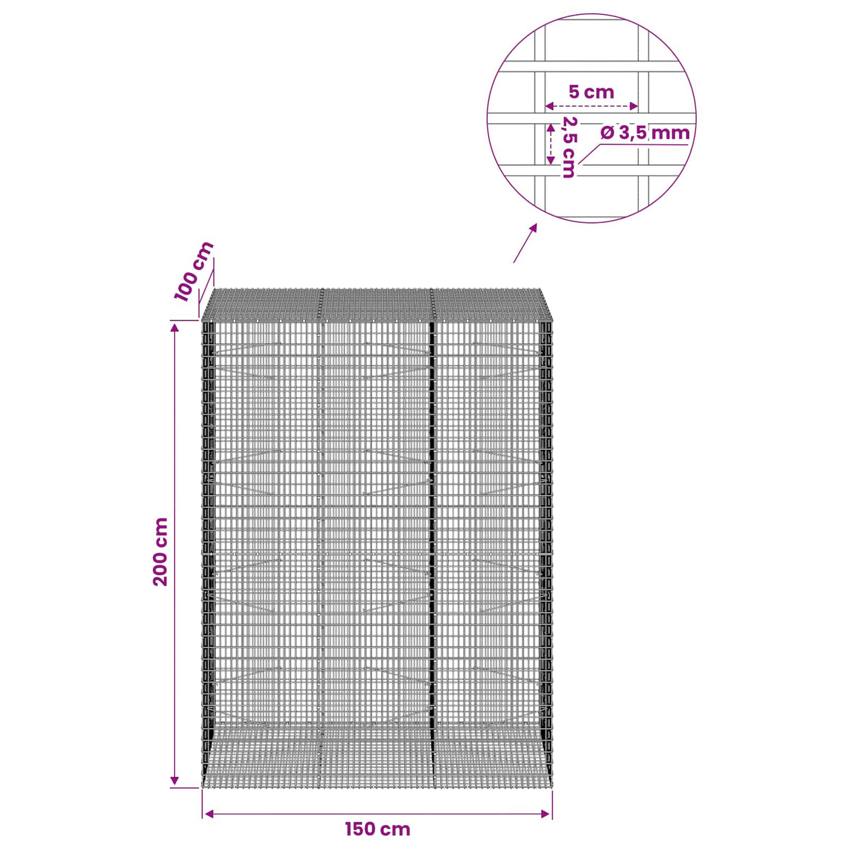 vidaXL Gabion with 3.5 mm Wire and 5x2.5 cm Mesh 150x100x200 cm 6
