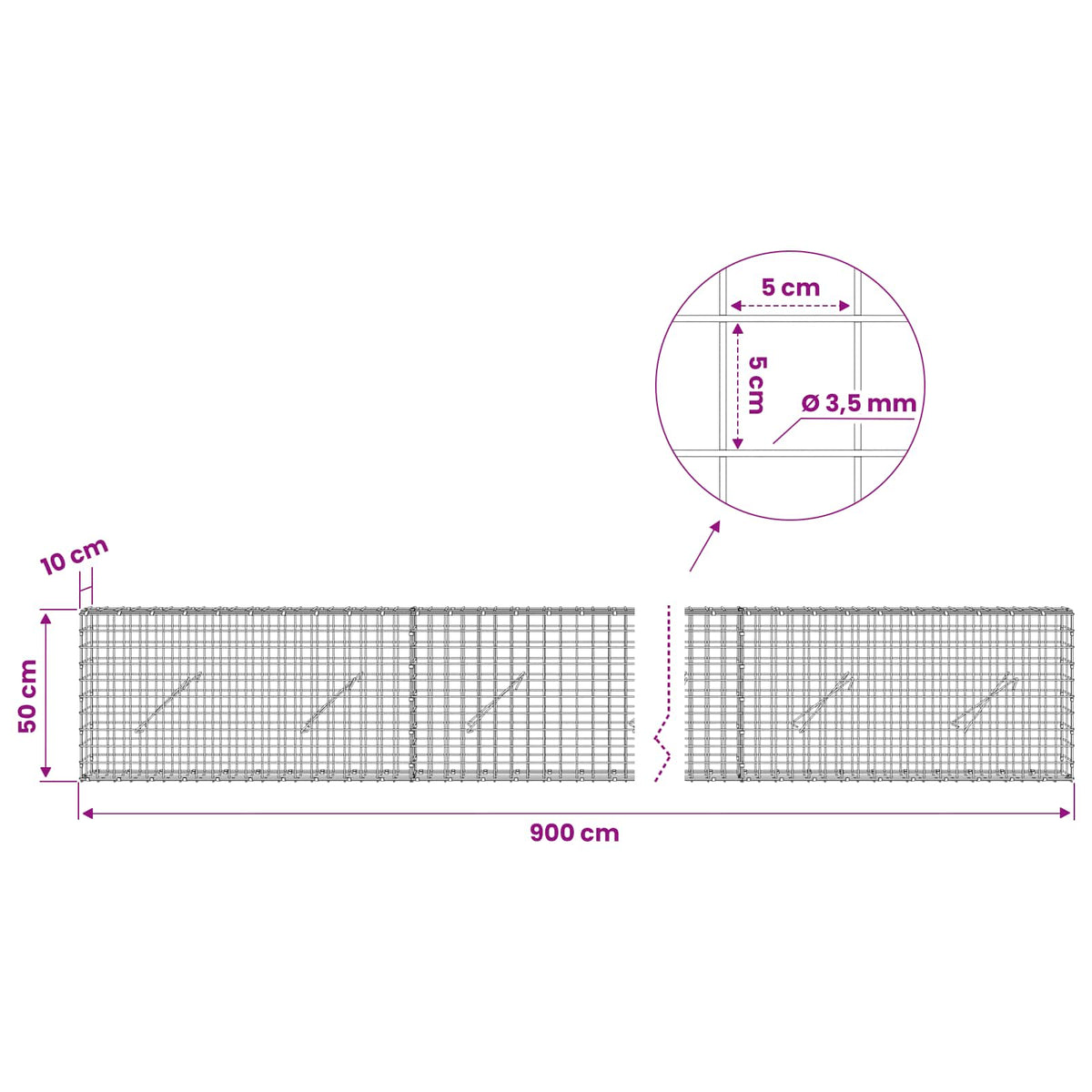 vidaXL Gabion with 3.5 mm Wire and 5x5 cm Mesh 900x10x50 cm 6