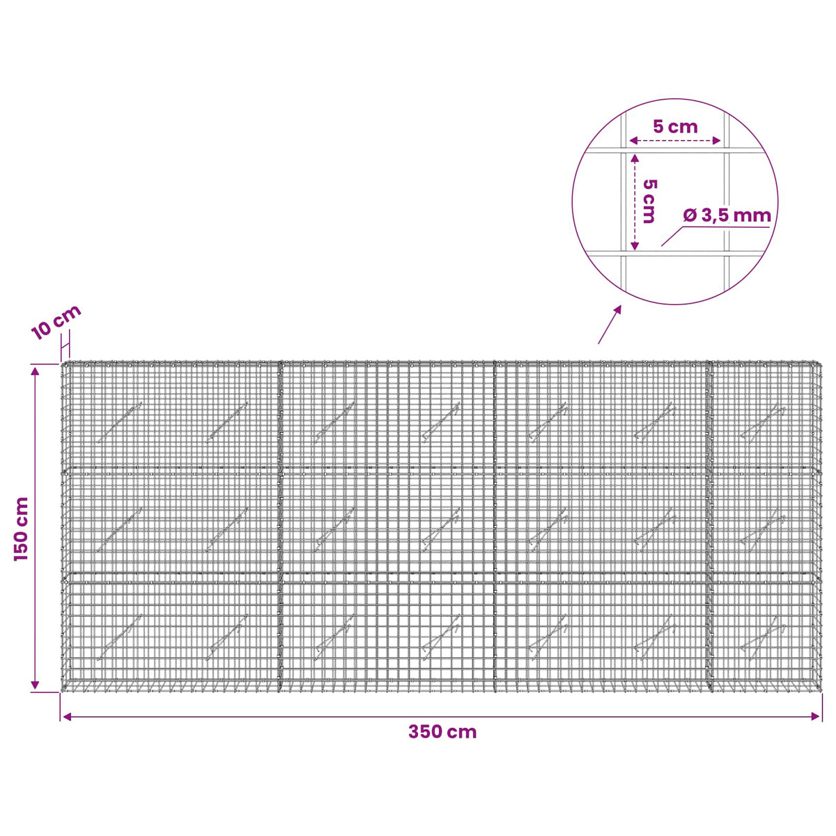 vidaXL Gabion with 3.5 mm Wire and 5x5 cm Mesh 350x10x150 cm 6