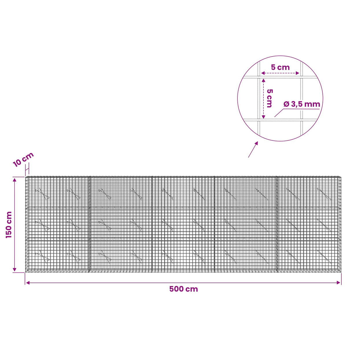 vidaXL Gabion with 3.5 mm Wire and 5x5 cm Mesh 500x10x150 cm 6