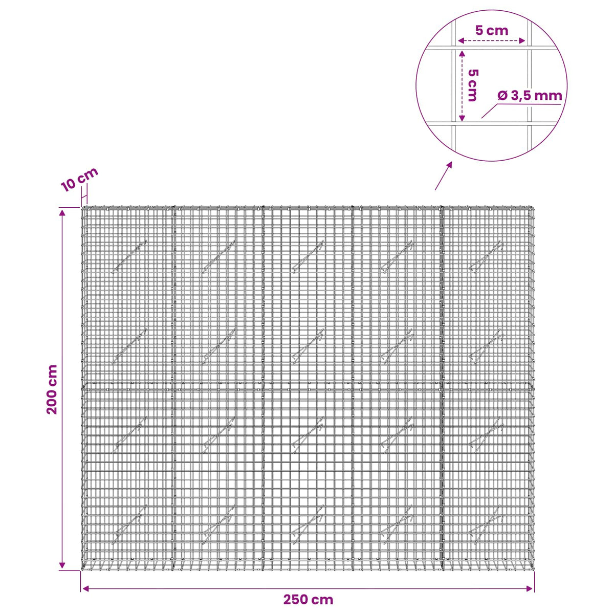 vidaXL Gabion with 3.5 mm Wire and 5x5 cm Mesh 250x10x200 cm 6