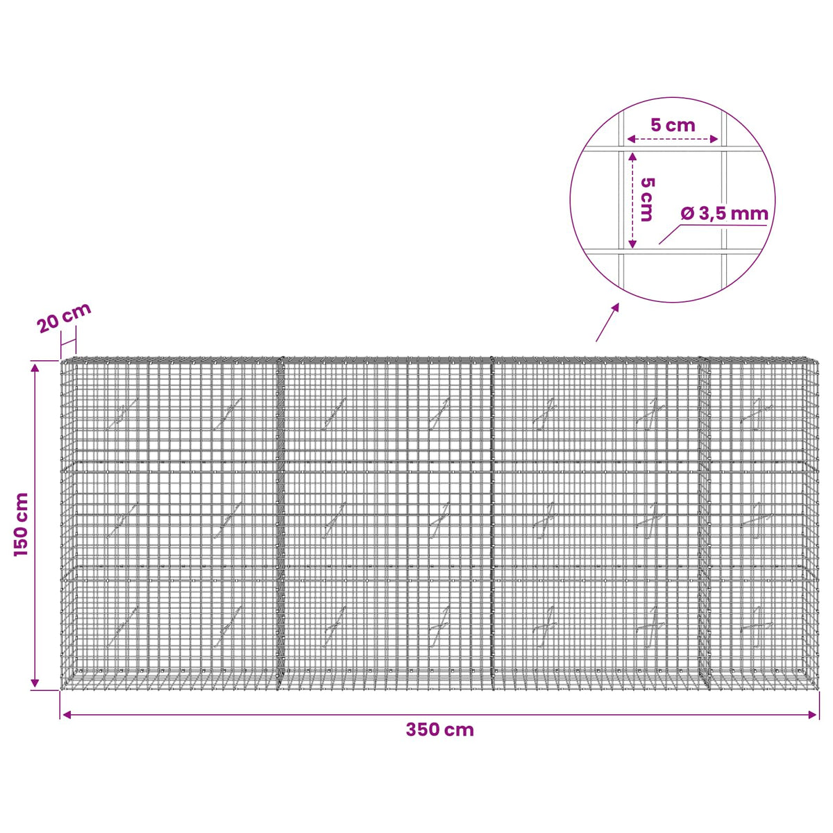 vidaXL Gabion with 3.5 mm Wire and 5x5 cm Mesh 350x20x150 cm 6