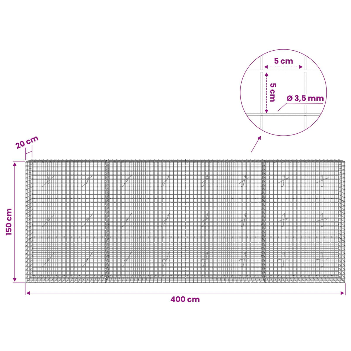 vidaXL Gabion with 3.5 mm Wire and 5x5 cm Mesh 400x20x150 cm 6