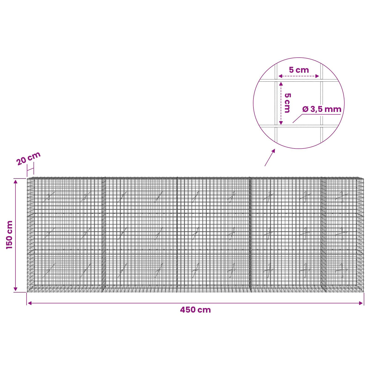 vidaXL Gabion with 3.5 mm Wire and 5x5 cm Mesh 450x20x150 cm 6