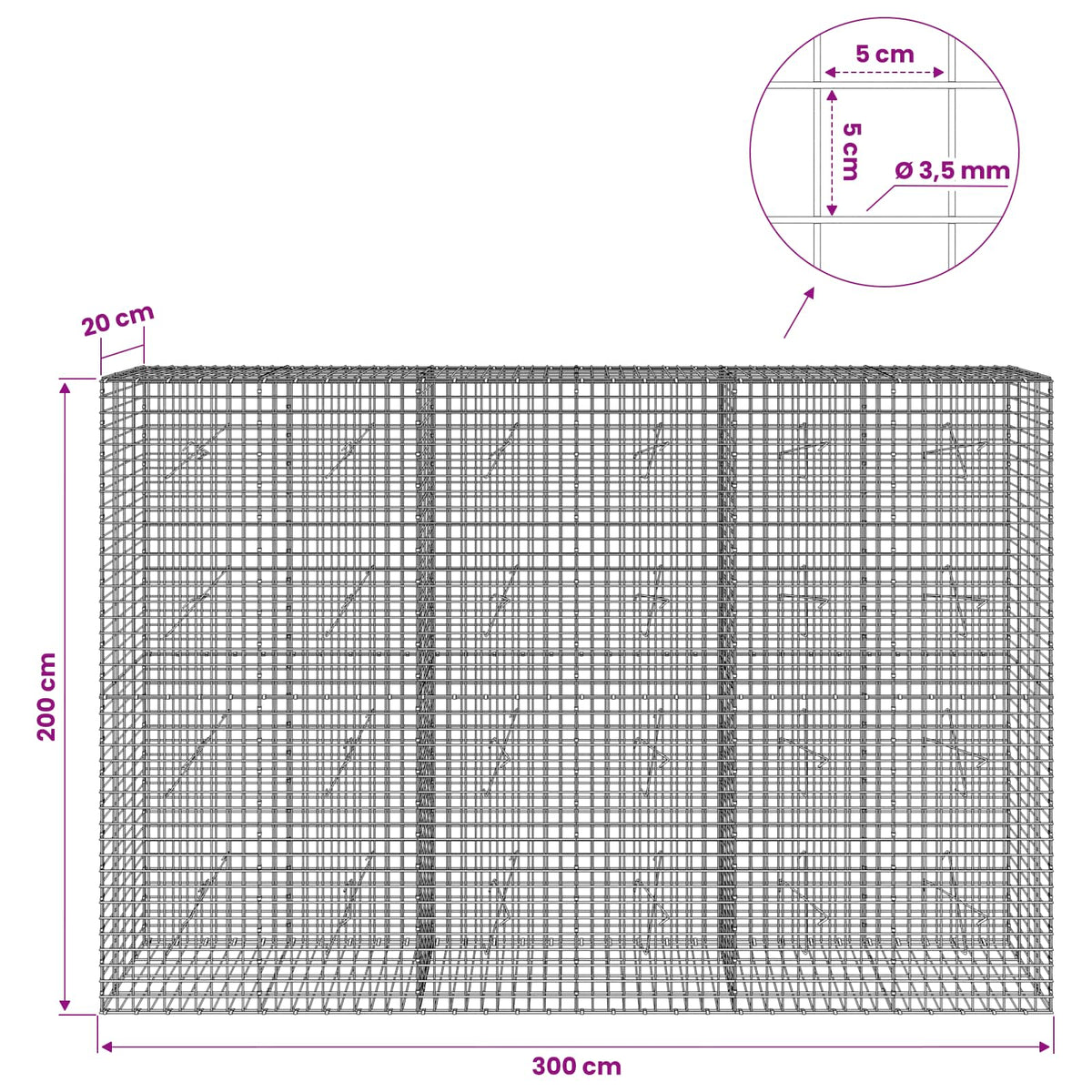 vidaXL Gabion with 3.5 mm Wire and 5x5 cm Mesh 300x20x200 cm 6
