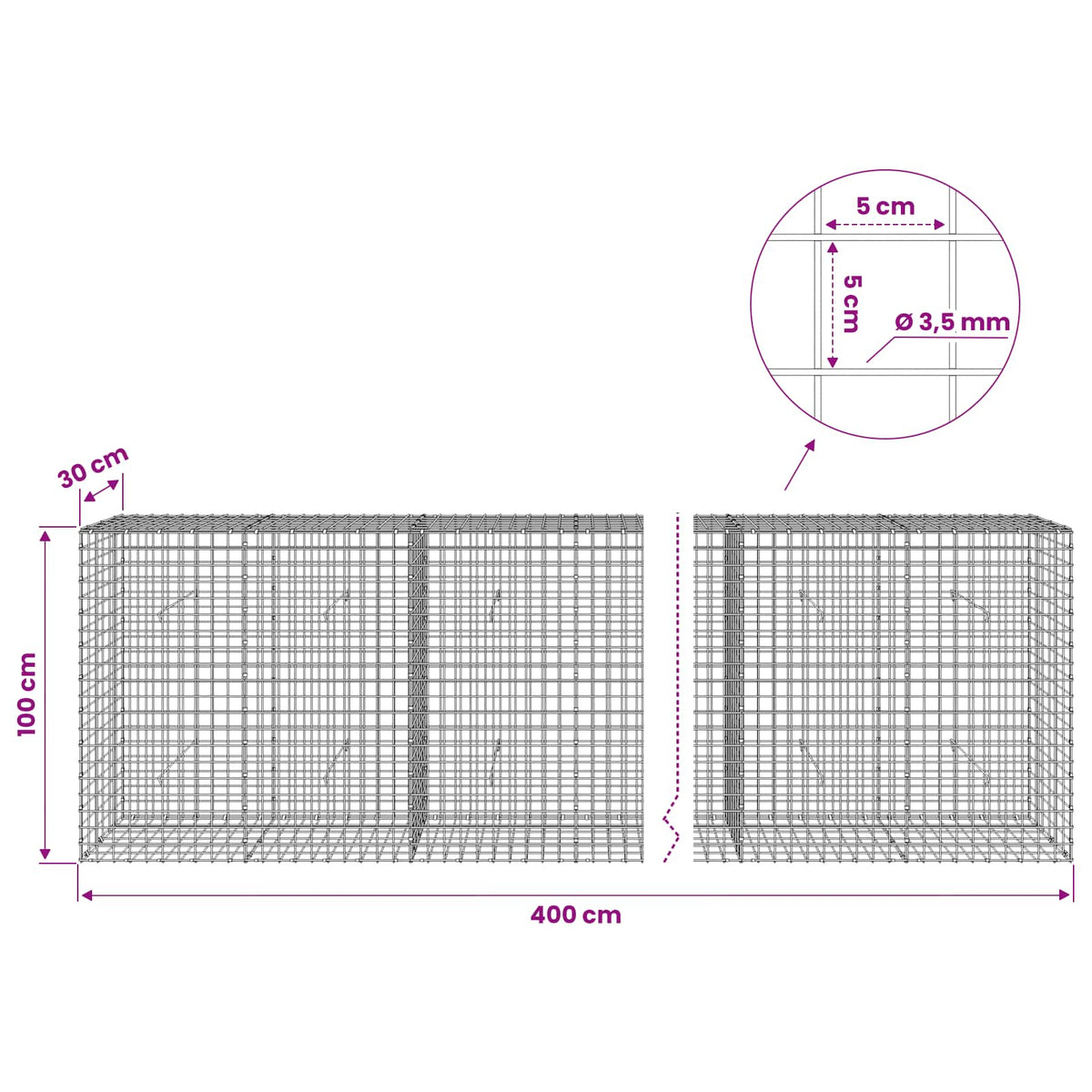 vidaXL Gabion with 3.5 mm Wire and 5x5 cm Mesh 400x30x100 cm 6
