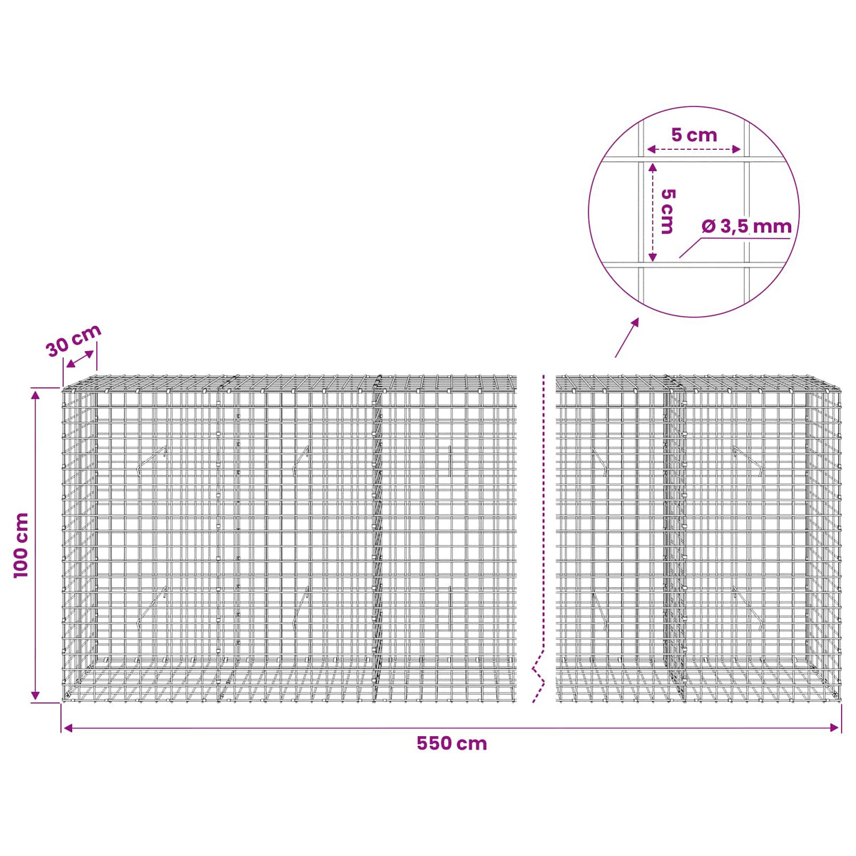vidaXL Gabion with 3.5 mm Wire and 5x5 cm Mesh 550x30x100 cm 6
