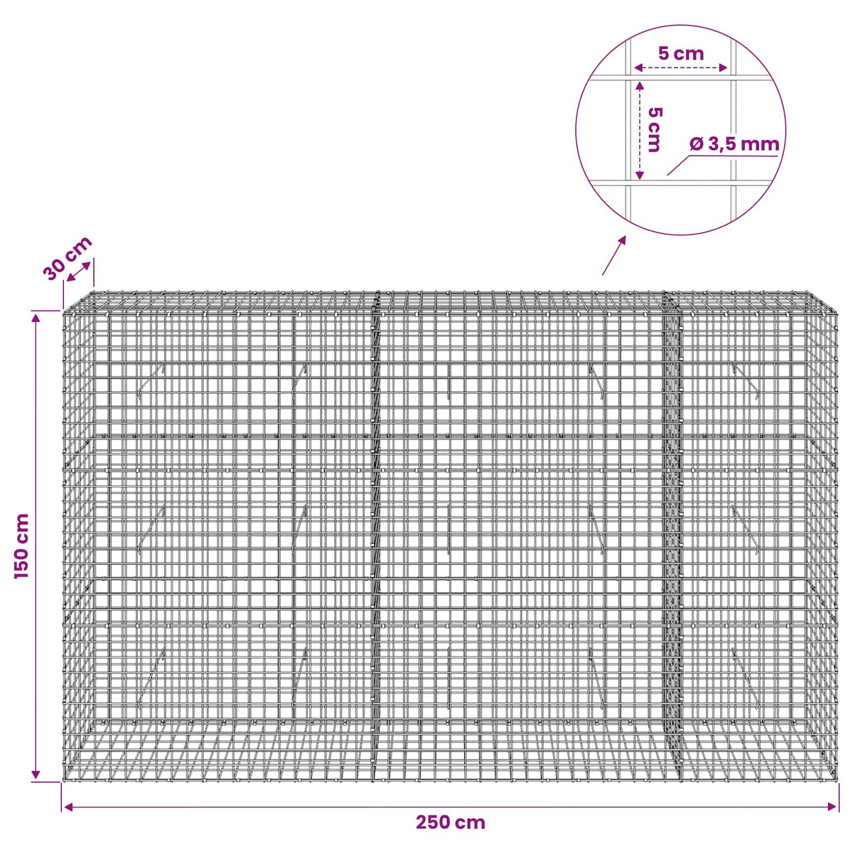 vidaXL Gabion with 3.5 mm Wire and 5x5 cm Mesh 250x30x150 cm 6