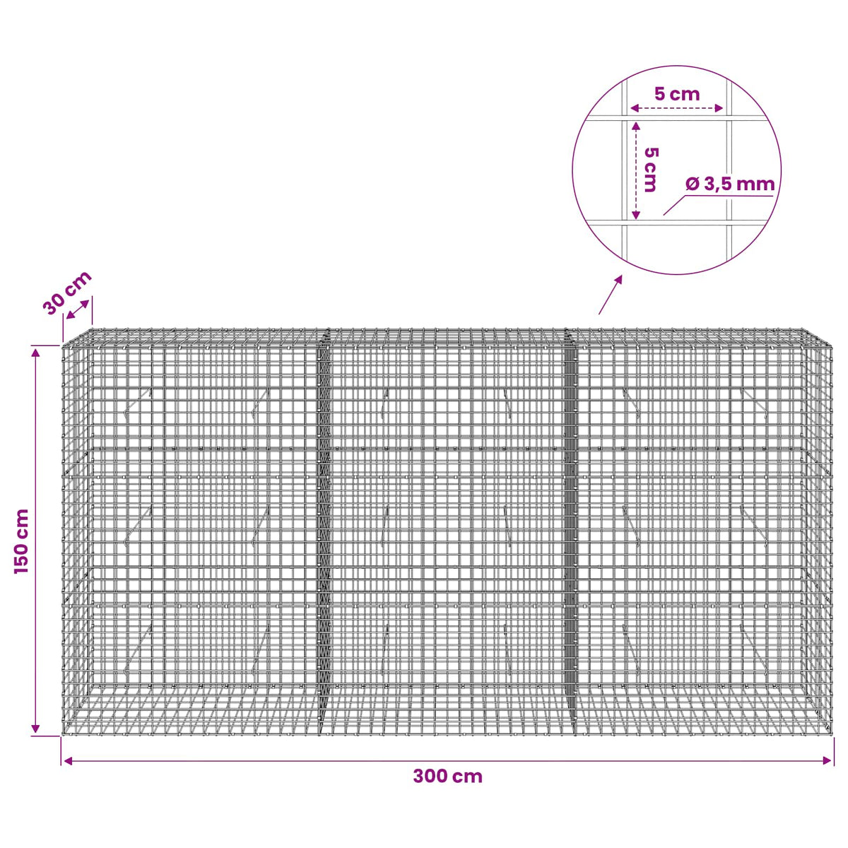 vidaXL Gabion with 3.5 mm Wire and 5x5 cm Mesh 300x30x150 cm 6