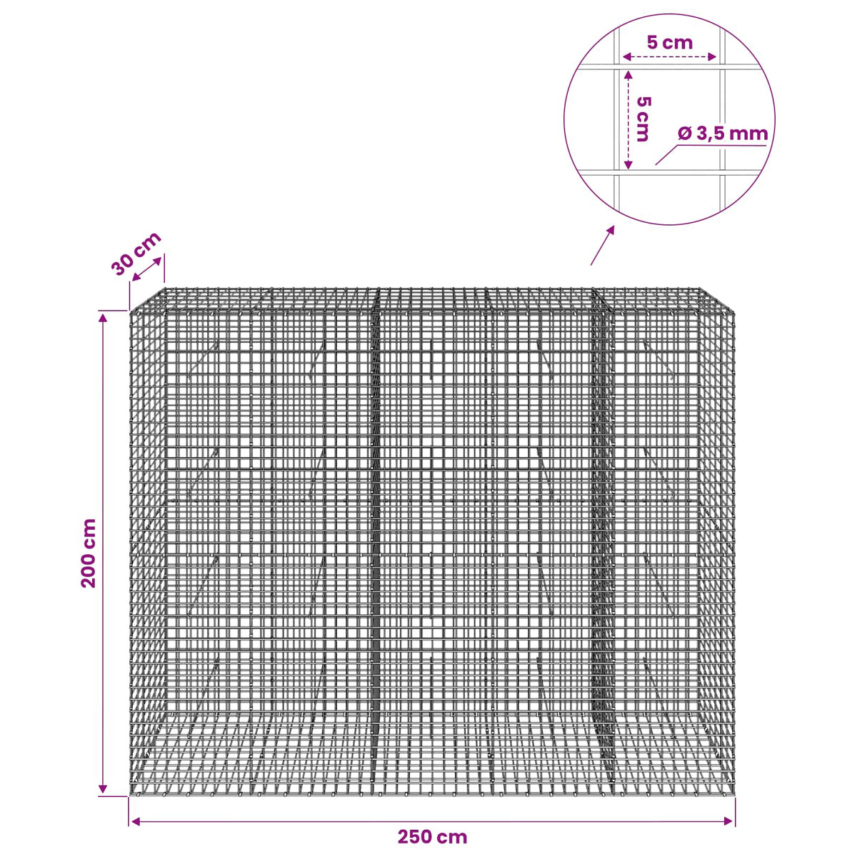 vidaXL Gabion with 3.5 mm Wire and 5x5 cm Mesh 250x30x200 cm 6