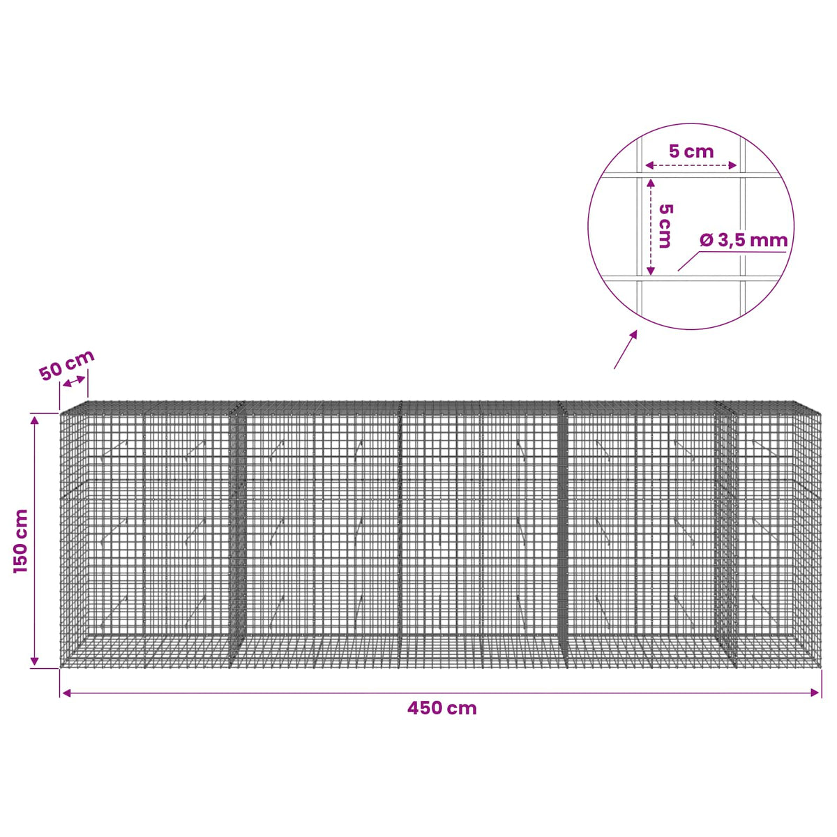 vidaXL Gabion with 3.5 mm Wire and 5x5 cm Mesh 450x50x150 cm 6