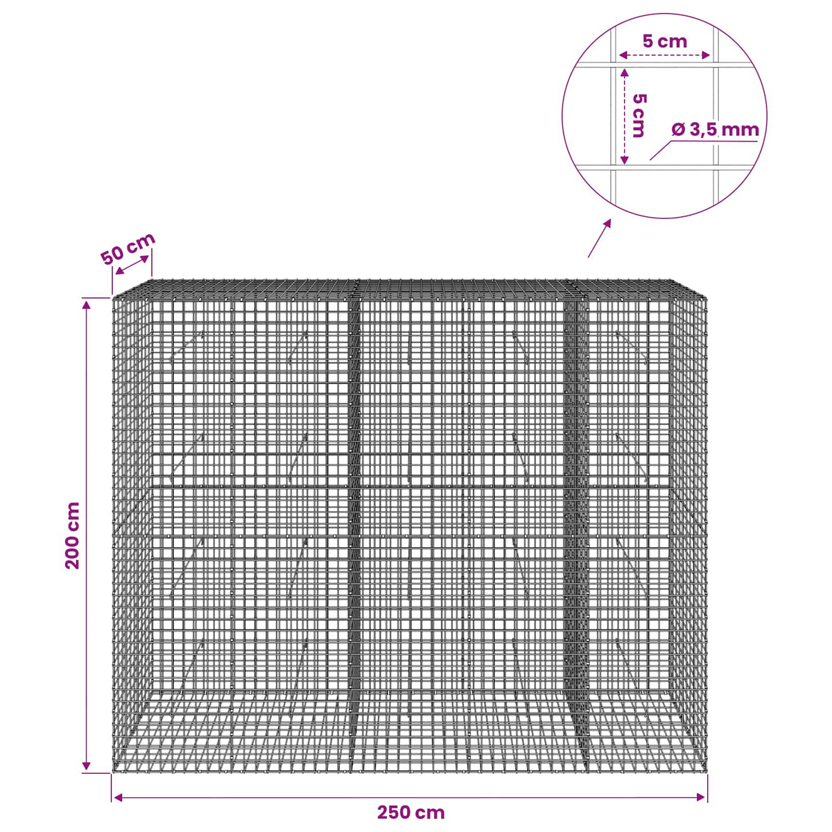 vidaXL Gabion with 3.5 mm Wire and 5x5 cm Mesh 250x50x200 cm 6