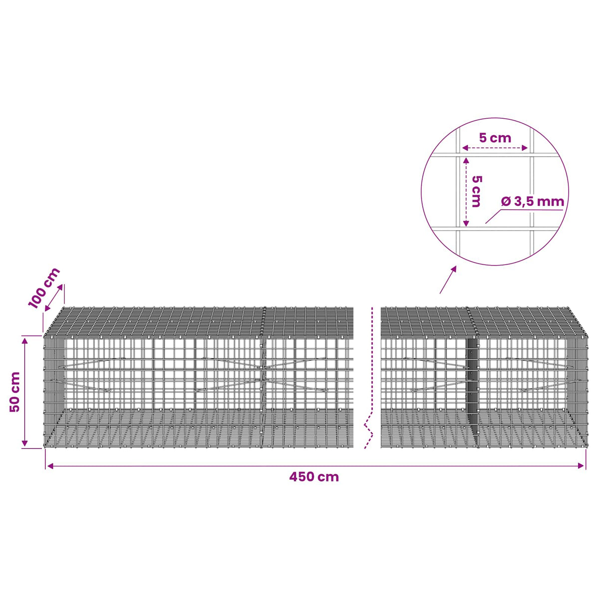 vidaXL Gabion with 3.5 mm Wire and 5x5 cm Mesh 450x100x50 cm 6