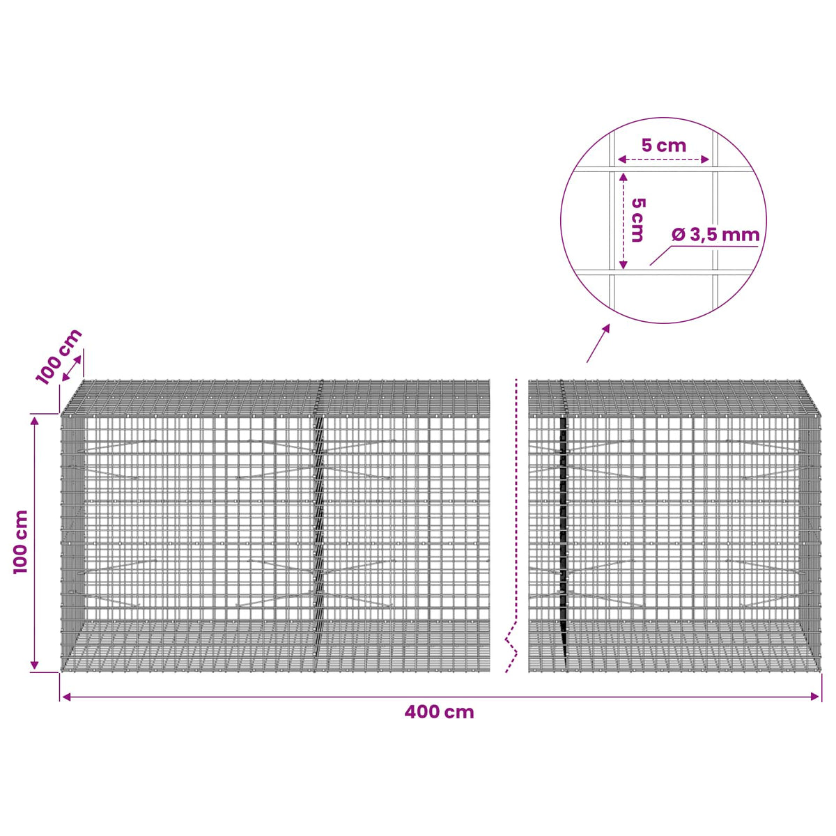 vidaXL Gabion with 3.5 mm Wire and 5x5 cm Mesh 400x100x100 cm 6
