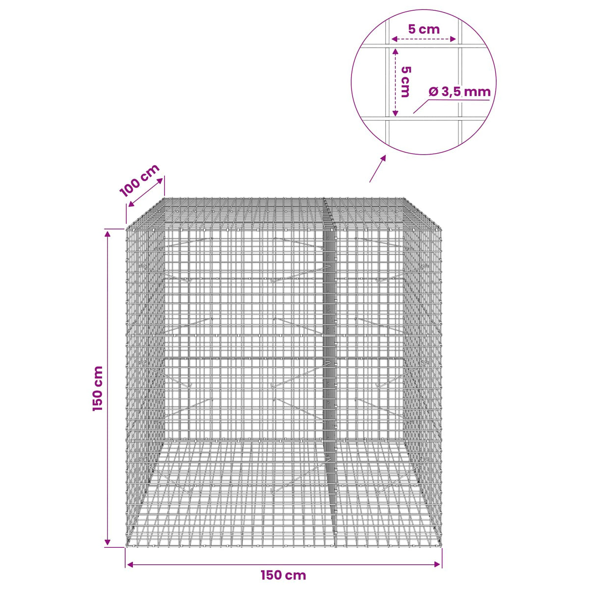 vidaXL Gabion with 3.5 mm Wire and 5x5 cm Mesh 150x100x150 cm 6