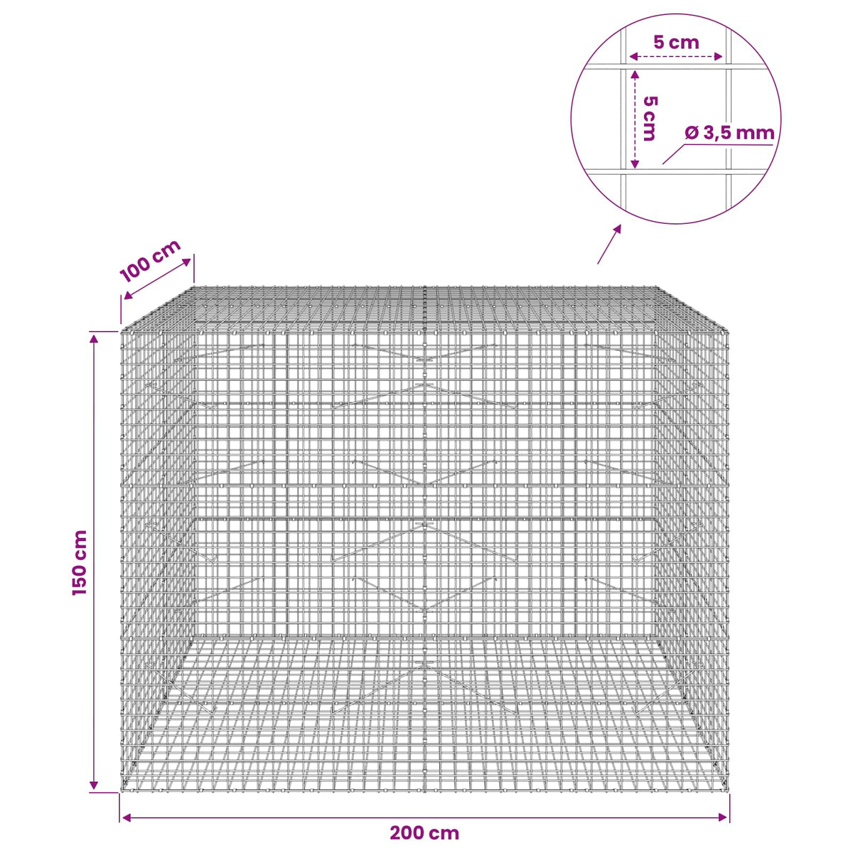 vidaXL Gabion with 3.5 mm Wire and 5x5 cm Mesh 200x100x150 cm 6