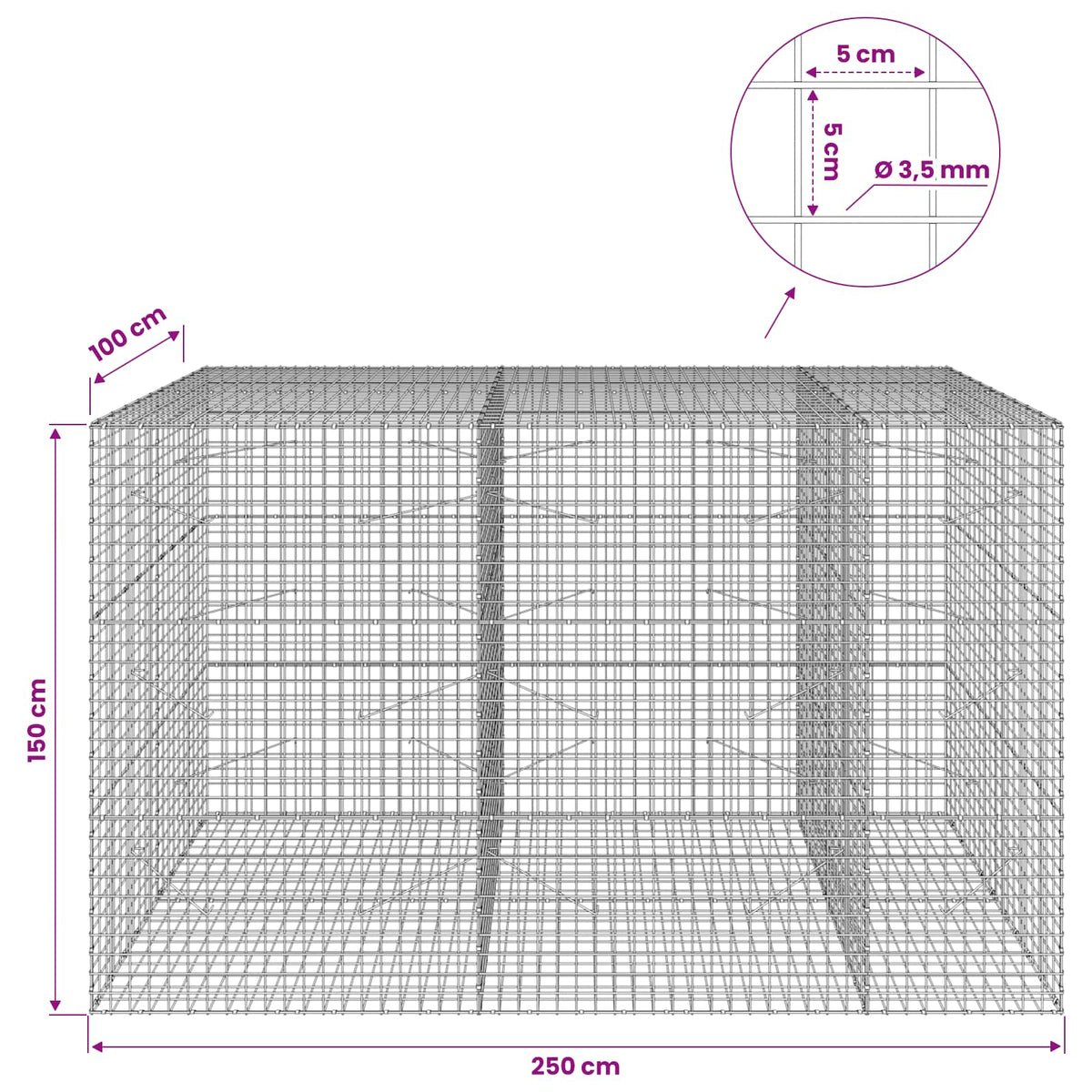 vidaXL Gabion with 3.5 mm Wire and 5x5 cm Mesh 250x100x150 cm 6