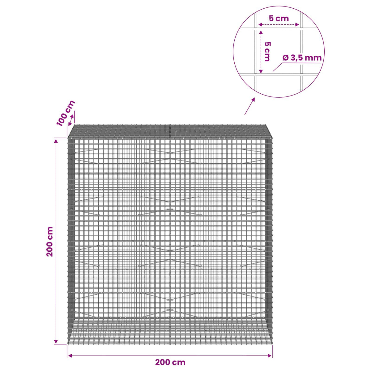 vidaXL Gabion with 3.5 mm Wire and 5x5 cm Mesh 200x100x200 cm 6