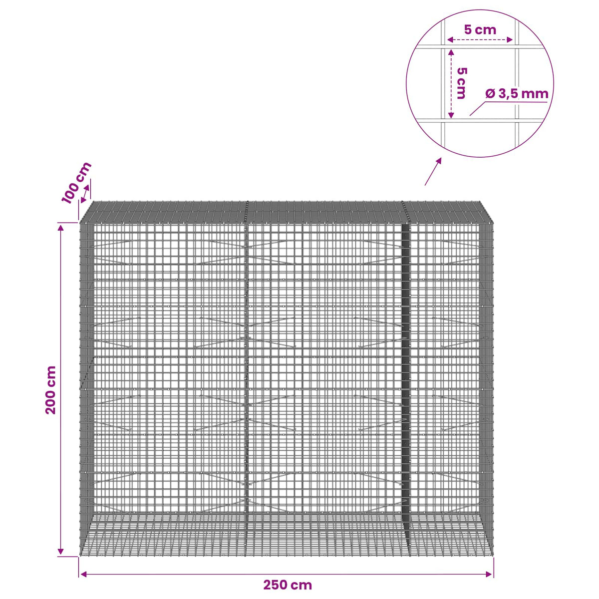 vidaXL Gabion with 3.5 mm Wire and 5x5 cm Mesh 250x100x200 cm 6