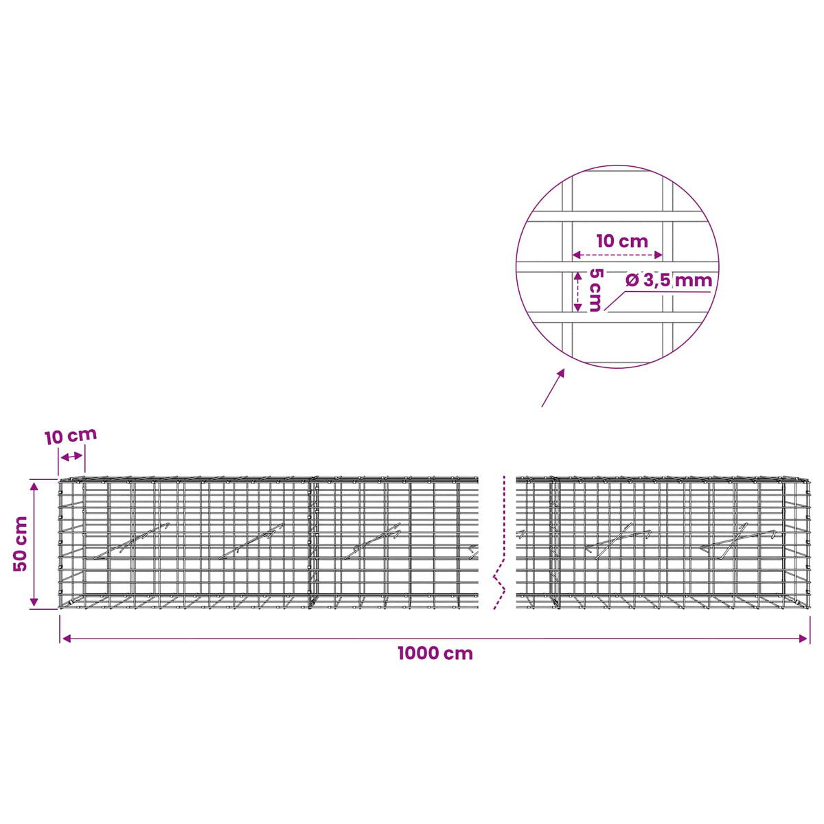 vidaXL Gabion with 3.5 mm Wire and 5x10 cm Mesh 1000x10x50 cm 6