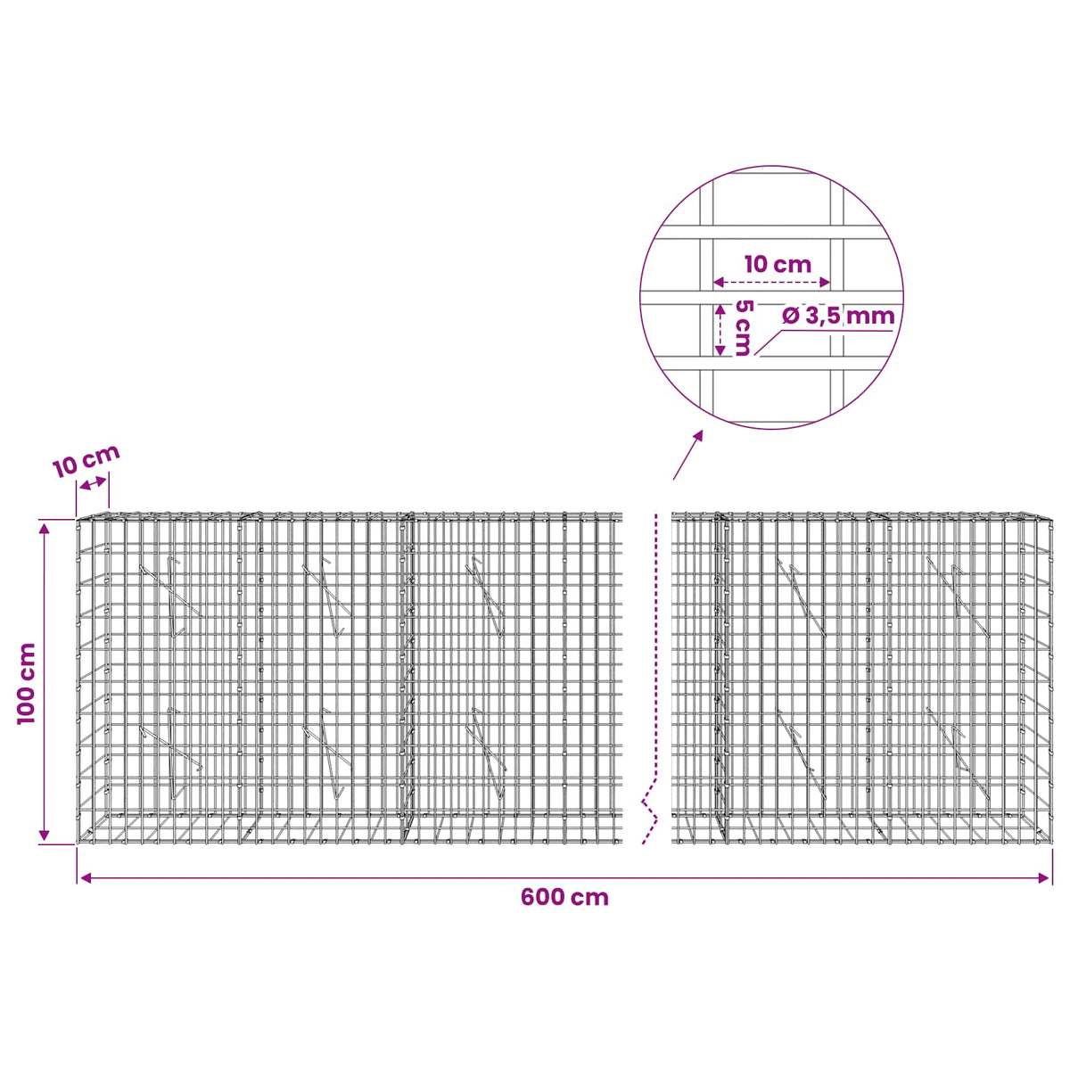 vidaXL Gabion with 3.5 mm Wire and 5x10 cm Mesh 600x10x100 cm 6