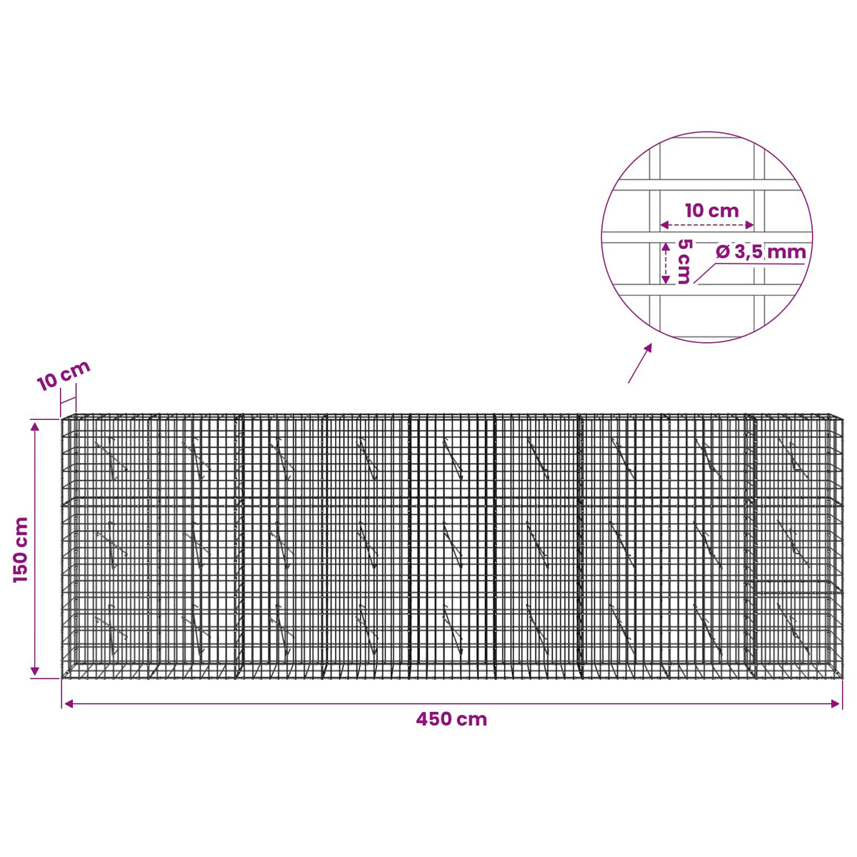 vidaXL Gabion with 3.5 mm Wire and 5x10 cm Mesh 450x10x150 cm 6