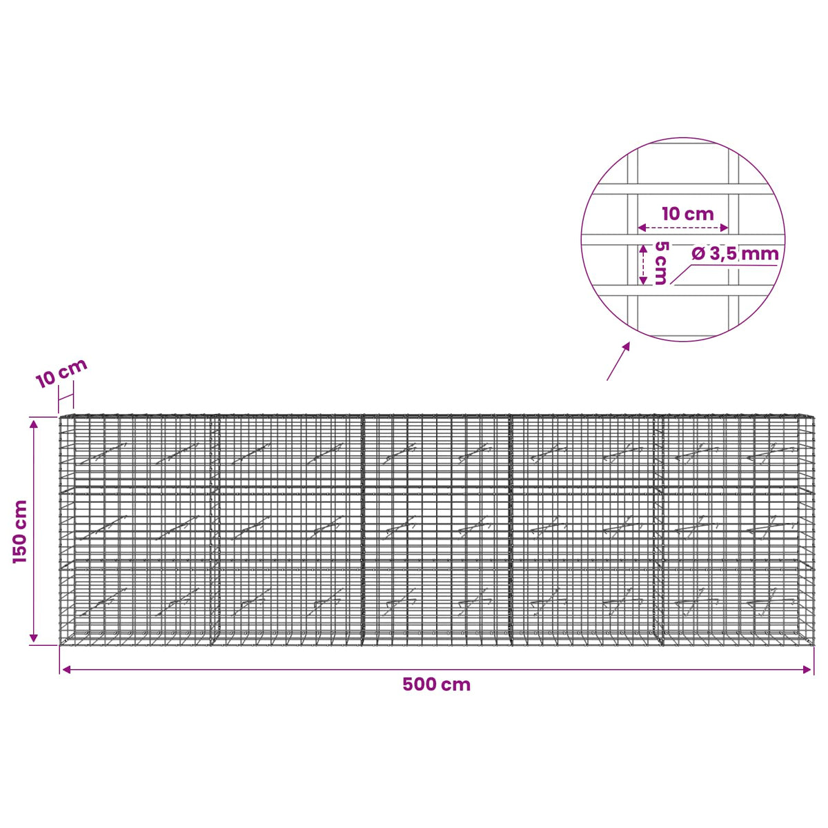 vidaXL Gabion with 3.5 mm Wire and 5x10 cm Mesh 500x10x150 cm 6