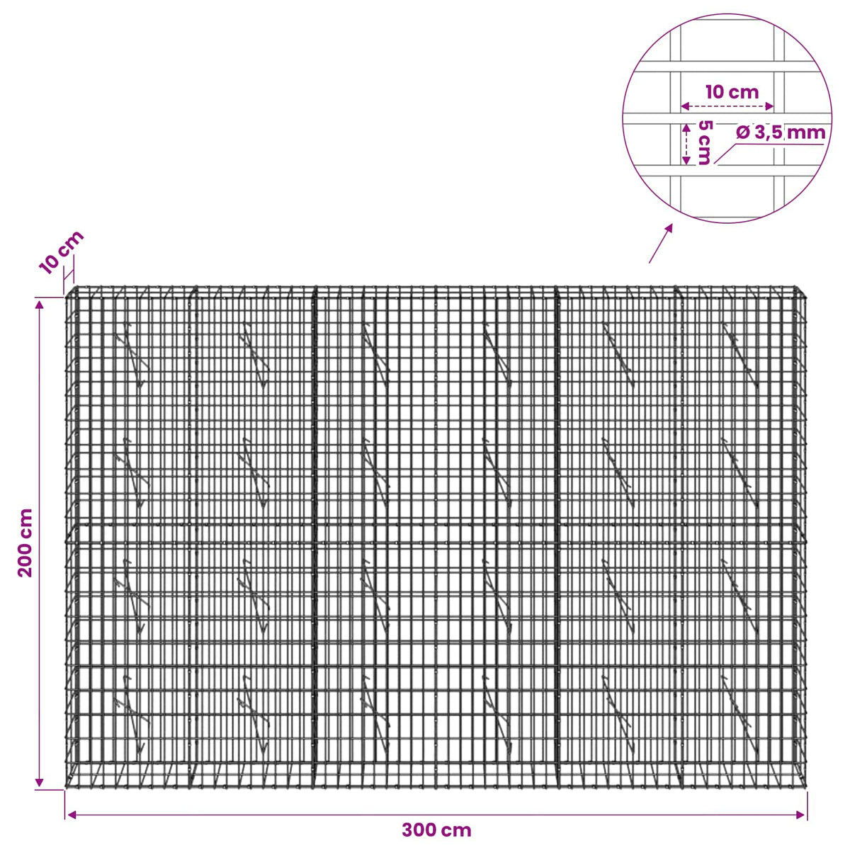 vidaXL Gabion with 3.5 mm Wire and 5x10 cm Mesh 300x10x200 cm 6