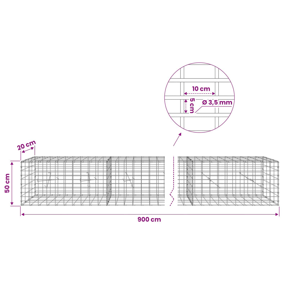 vidaXL Gabion with 3.5 mm Wire and 5x10 cm Mesh 900x20x50 cm 6