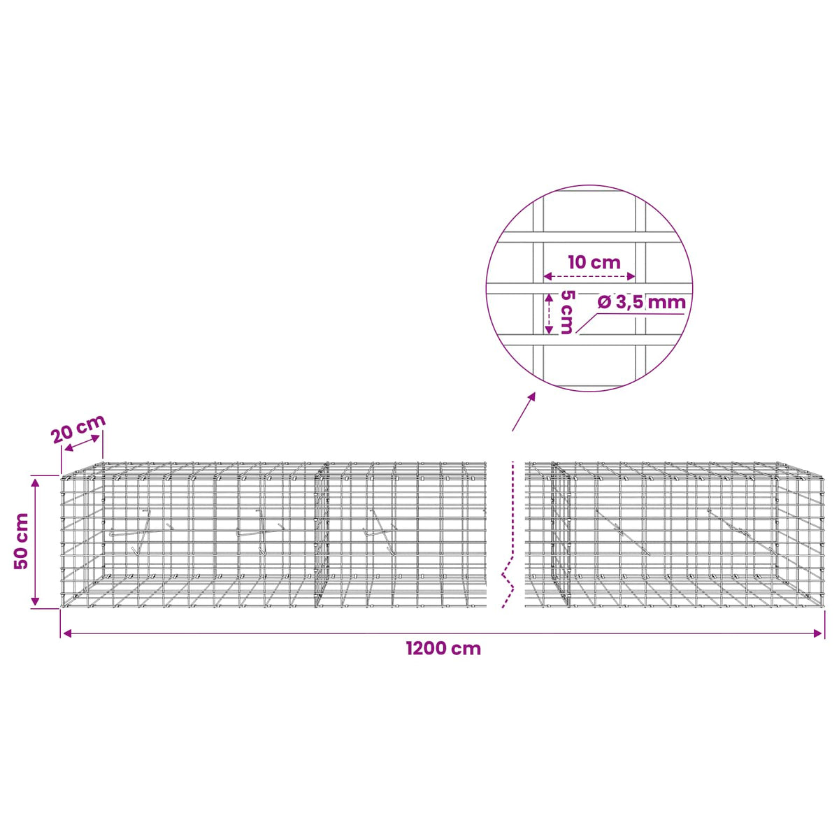 vidaXL Gabion with 3.5 mm Wire and 5x10 cm Mesh 1200x20x50 cm 6