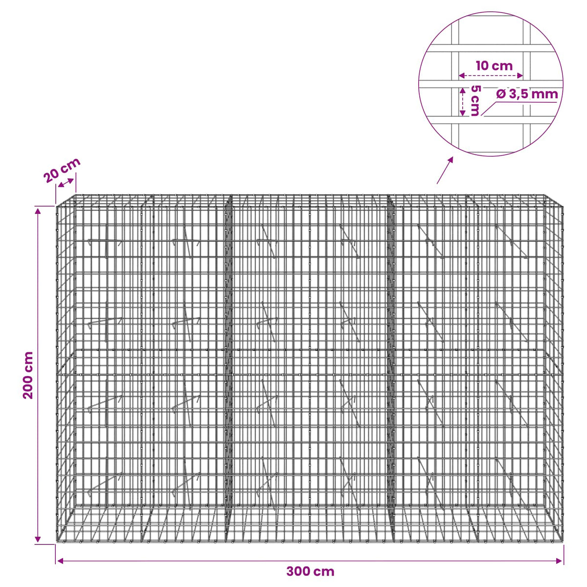 vidaXL Gabion with 3.5 mm Wire and 5x10 cm Mesh 300x20x200 cm 6